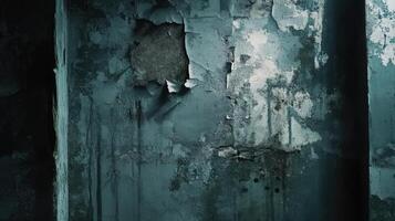 Weathered teal wall shows extensive peeling paint photo