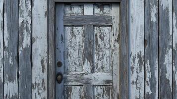Weathered Wooden Door With Peeling Paint And Gray Siding photo