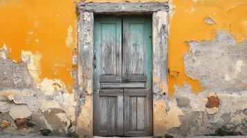 Weathered Wooden Door in a Decaying Yellow Wall photo