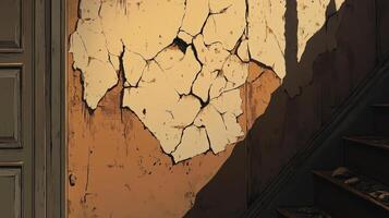Damaged wall and old wooden staircase corner photo