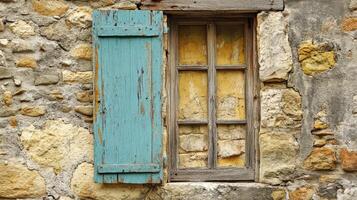 Rustic Window With Weathered Shutter In Stone Wall photo