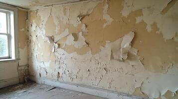 Damaged wall showing extensive peeling paint and plaster photo