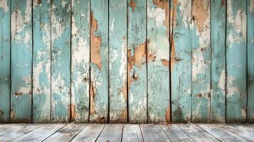 Weathered teal wooden wall and floor background photo