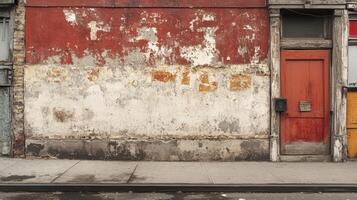 Weathered building facade with red door and distressed wall photo