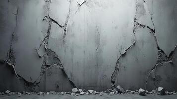 Grey Concrete Wall with Extensive Cracking and Debris photo