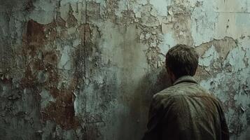 Man Facing Decaying Wall Reflecting Solitude photo