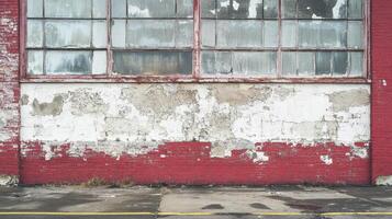 Distressed red brick wall with old window panes photo