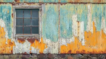 Rusted corrugated metal wall with aged window photo