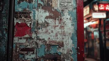 Weathered Door With Layers Of Peeling Paint And Posters photo