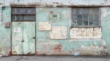 Weathered brick building facade with door and windows photo