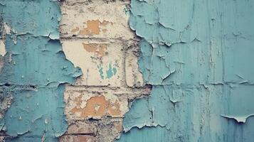 Weathered Wall Shows Peeling Blue Paint Brick photo
