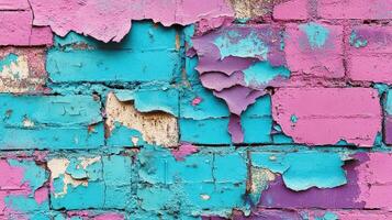Peeling Paint on a Brick Wall in Pink and Blue photo