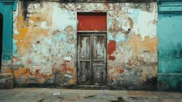 Weathered Wooden Door In A Distressed Building Wall photo