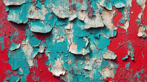 Peeling Teal and Red Paint on Weathered Surface photo