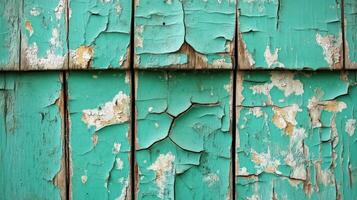 Teal Painted Wooden Boards Showing Extensive Paint Degradation photo