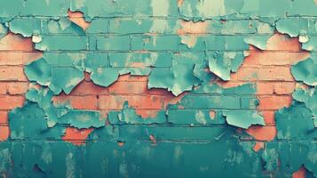 Teal Paint Peeling From Brick Wall photo