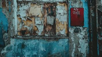 A weathered wall shows peeling paint and graffiti photo
