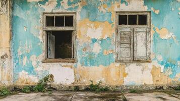 Weathered Wall with Two Old Windows and Flaking Paint photo