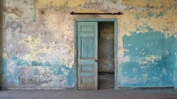 A weathered teal door opens to a decaying room photo