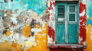 Weathered Wall With Teal Window Shutters photo
