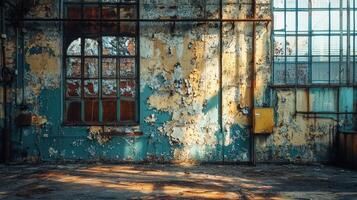 Derelict Building Interior Showing Peeling Paint and Windows photo
