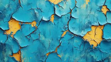 Cracked Blue Paint Over Yellow Undercoat Abstract Texture photo