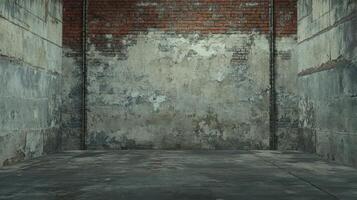 A derelict room with aged brick and concrete walls photo