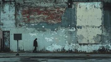 Person walking past a dilapidated brick wall photo