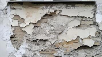 Peeling Paint Reveals Aged Brick Wall Beneath photo