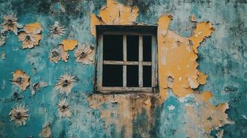 Aged Building Wall Window Peeling Paint Floral Design photo
