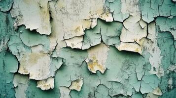 A close up of a green paint peeling off of a wall photo