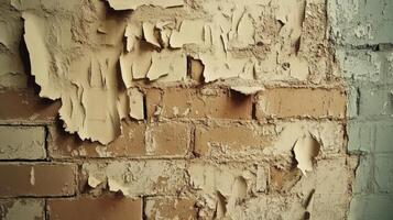Aged Brick Wall With Peeling Paint Showing Texture photo