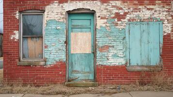 Distressed Brick Building With Teal Door And Window photo