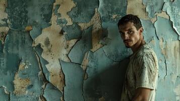 Man Stands Against a Decaying Teal Wall photo