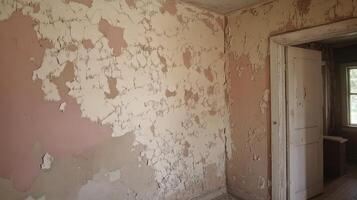 Damaged Wall in Abandoned Building Shows Peeling Plaster photo