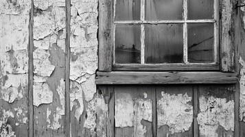 A black and white photo of a window on a wooden wall