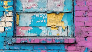 Colorful Brick Wall With Peeling Paint And Window Frame photo