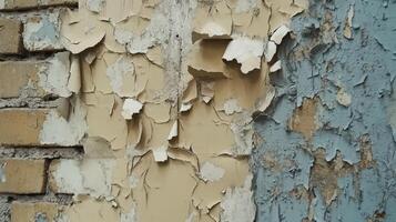 Peeling Paint on Brick Wall Reveals Aged Texture photo
