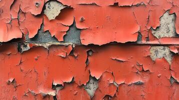 Red paint peeling on weathered surface texture photo