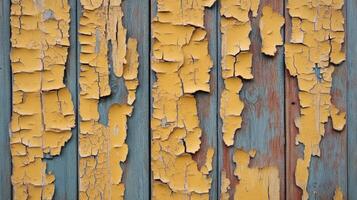 Peeling Yellow Paint on Weathered Wooden Boards photo