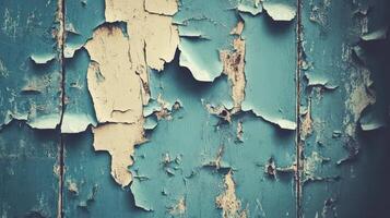 Peeling Teal and Beige Paint on Aged Wooden Surface photo