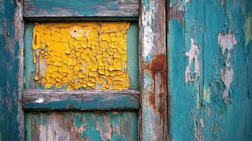 Weathered Wooden Door With Peeling Yellow And Teal Paint photo