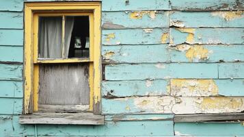 Yellow framed window in a dilapidated teal building photo