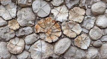 Stone Wall Texture with Rounded and Fossil Shaped Stones photo