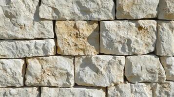 A textured stone wall of off white and beige blocks photo