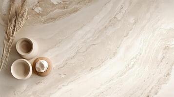 Beige Marble Surface With Wooden Bowls And Dried Flowers photo