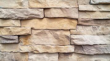 A textured stone wall of varying shades of beige and brown photo