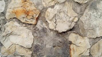 A textured stone wall with varying shades of beige and grey photo