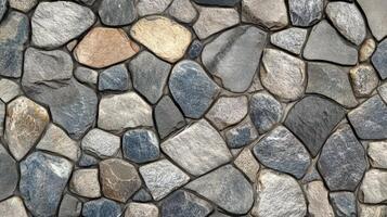 A textured stone wall of various gray and brown rocks photo