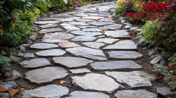 A stone path in a garden with colorful flowers photo